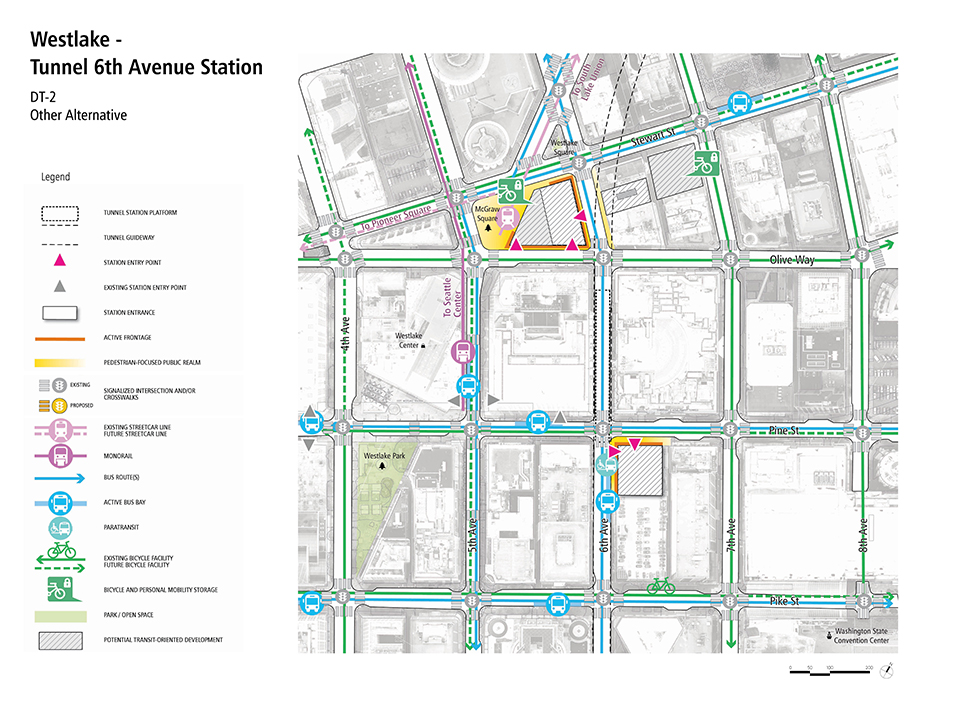 A map describes how pedestrians, bus riders, streetcar riders, bicyclists, and drivers could access the Westlake – Tunnel Sixth Avenue Station.